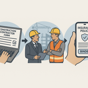Illustration showing a construction contractor form, two men discussing, and an insurance policy on a smartphone.