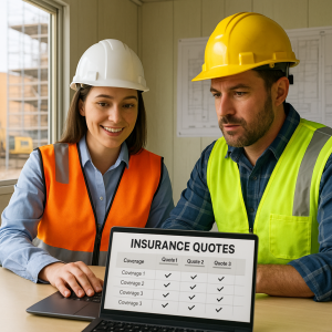 Two construction workers, one in an orange vest and the other in a yellow vest, reviewing insurance quotes on a laptop.