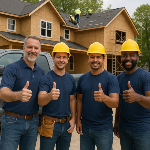 Four construction workers wearing hard hats and blue shirts posing in front of a building under construction.