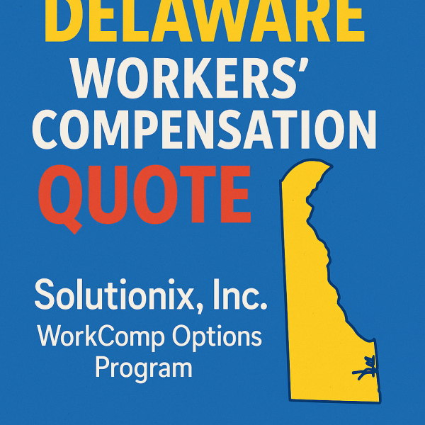 Graphic displaying a Delaware workers' compensation quote with the state outline and company name.