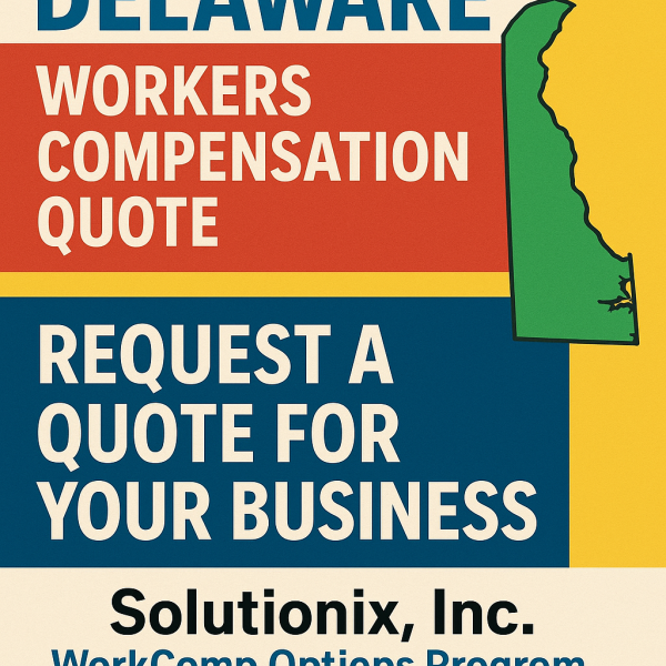 Graphic displaying a Delaware workers compensation quote request with state outline and text.