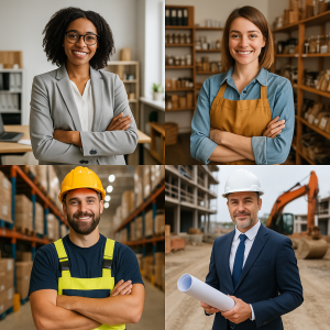 Four professionals in different work settings: a businesswoman, a craftsperson, a construction worker, and a businessman. Four professionals in different work settings: a businesswoman, a craftsperson, a construction worker, and a businessman.