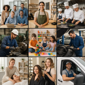 A collage showing people engaged in different professions including cooking, teaching, and automotive work. A collage showing people engaged in different professions including cooking, teaching, and automotive work.