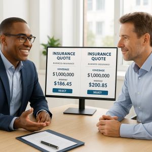 Two men discussing business insurance quotes displayed on a monitor during a meeting. Two men discussing business insurance quotes displayed on a monitor during a meeting.