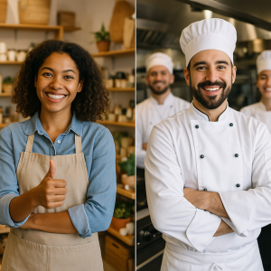 A smiling store employee giving a thumbs up next to two chefs in a kitchen setting. A smiling store employee giving a thumbs up next to two chefs in a kitchen setting.