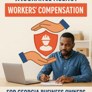 Graphic depicting a man working on a laptop with icons representing workers' compensation insurance.