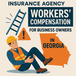 Illustration of a worker in a hard hat sitting on the ground with a ladder and a caution sign, representing workers' compensation in Georgia.