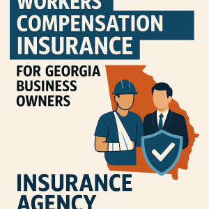 Illustration of a construction worker with an arm in a sling and a businessman with a shield, representing workers compensation insurance in Georgia.