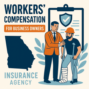 Illustration of a business owner discussing workers' compensation with an injured worker using crutches.