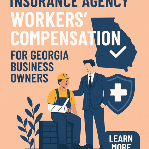 Illustration of a workers' compensation insurance agency for Georgia business owners featuring a businessman and an injured worker.