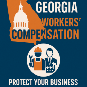 Graphic illustrating Georgia Workers' Compensation with icons of a worker and a business person.