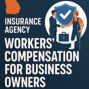 Illustration of a businessman shaking hands with a worker on crutches, with a shield icon in the background.