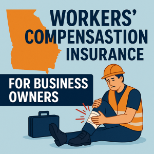 Illustration of a worker in a hard hat sitting with an injured leg, with text about workers' compensation insurance.