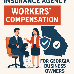 Illustration of a man with a leg cast and a woman discussing workers' compensation in Georgia.