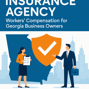 Illustration of a man and woman discussing workers' compensation for Georgia business owners with a state outline in the background.