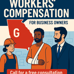 Illustration depicting Georgia workers' compensation information for business owners with three characters and a state outline.