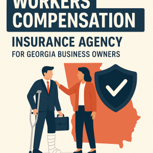 Illustration of a man with a leg cast and a woman discussing workers compensation insurance in front of a Georgia outline.