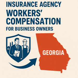 Graphic showing workers' compensation insurance for business owners in Georgia with an illustration of two workers and a state outline.