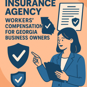 Illustration of a woman pointing to a document about workers' compensation for Georgia business owners.