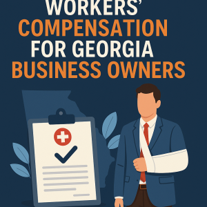 Illustration of a man with a broken arm next to a clipboard and a map of Georgia, discussing workers' compensation.