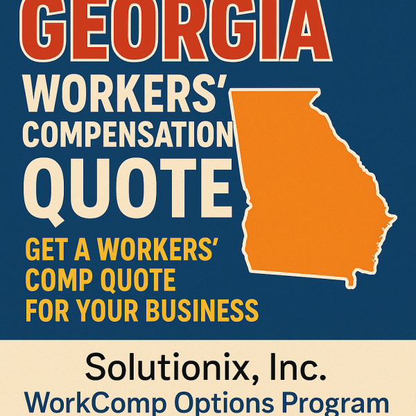 Graphic displaying a Georgia workers' compensation quote with a state outline and company logo.