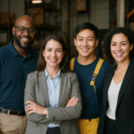 Four professionals posing together in a warehouse, wearing business and work attire. Four professionals posing together in a warehouse, wearing business and work attire.