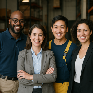 Four professionals posing together in a warehouse, wearing business and work attire. Four professionals posing together in a warehouse, wearing business and work attire.