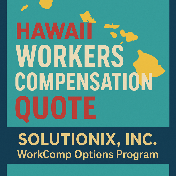 Graphic displaying the text 'Hawaii Workers Compensation Quote' with a map outline of Hawaii.