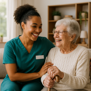 A healthcare worker smiling and interacting with an elderly woman in a cozy indoor setting. A healthcare worker smiling and interacting with an elderly woman in a cozy indoor setting.