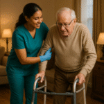 A healthcare worker in scrubs helping an elderly man with a walker in a home setting.