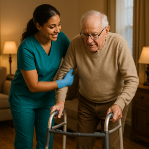 A healthcare worker in scrubs helping an elderly man with a walker in a home setting. A healthcare worker in scrubs helping an elderly man with a walker in a home setting.