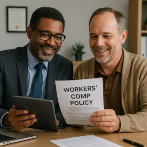 Two men sitting at a table, one holding a tablet and the other reading a workers' compensation policy document. Two men sitting at a table, one holding a tablet and the other reading a workers' compensation policy document.