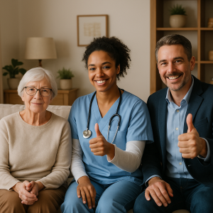 A healthcare professional in scrubs sitting with an elderly patient and a family member, all smiling and giving a thumbs up. A healthcare professional in scrubs sitting with an elderly patient and a family member, all smiling and giving a thumbs up.