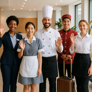 Group of hospitality staff members smiling and waving in a hotel lobby.