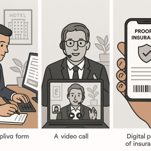 Illustration showing three steps in the hospitality work comp process: filling a form, a video call, and a digital proof of insurance.
