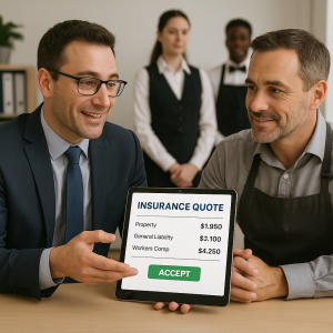 Two men discussing an insurance quote displayed on a tablet in a hospitality environment.