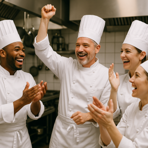 Group of four chefs in white uniforms celebrating in a kitchen with smiles and raised hands.