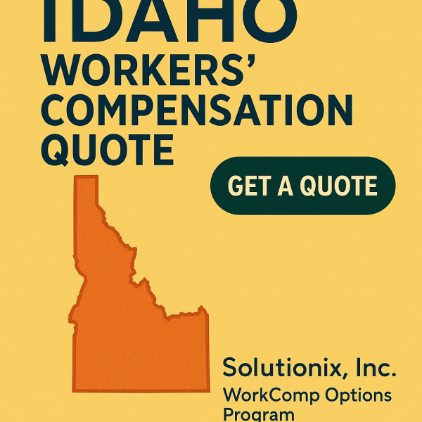 Graphic displaying Idaho state outline with text for workers' compensation quote from Solutionix, Inc.