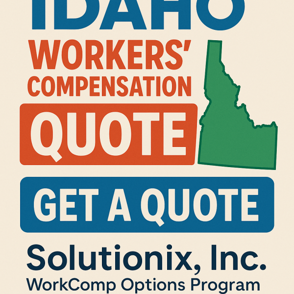 Graphic featuring Idaho Workers' Compensation Quote with a map outline of Idaho and company name Solutionix, Inc.