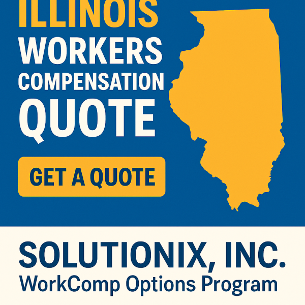 Graphic featuring Illinois state outline and text for workers compensation quote from Solutionix, Inc.