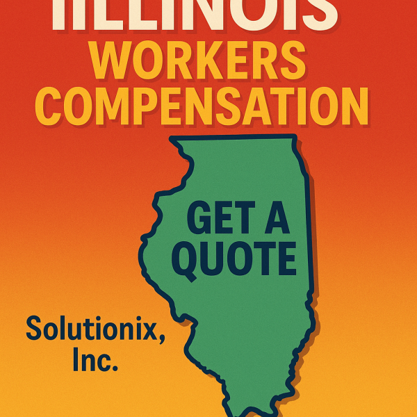 Graphic featuring the state of Illinois with text about workers compensation insurance and a quote request.