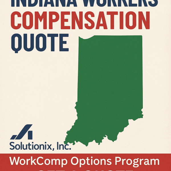 Graphic displaying Indiana workers compensation quote with state outline and company logo.