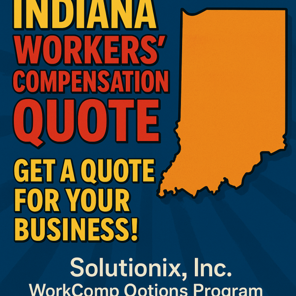 Graphic featuring the outline of Indiana with text about workers' compensation insurance quotes.