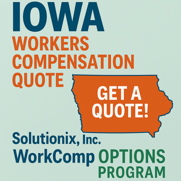 Graphic displaying Iowa workers compensation quote information with state outline and text.
