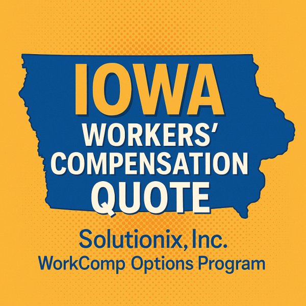 Graphic featuring the state of Iowa with the text 'Iowa Workers' Compensation Quote' and company name.