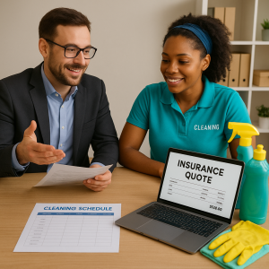 A man and a woman discussing an insurance quote for cleaning services at a table with cleaning supplies.
