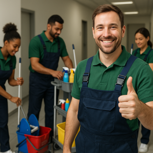 Group of janitorial staff members in uniforms, with one giving a thumbs up while others clean.