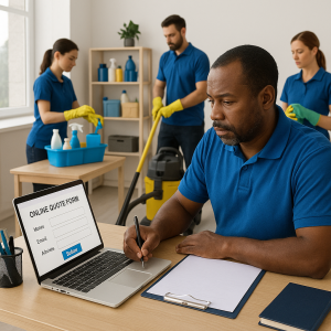 Man filling out an online quote form on a laptop while two people clean in the background.