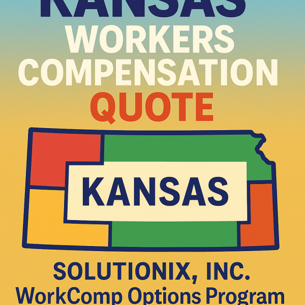Graphic displaying 'Kansas Workers Compensation Quote' with a map outline of Kansas and colors representing different regions.
