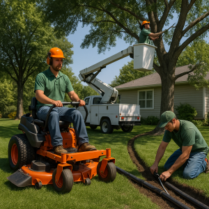 Landscaping crew using equipment for lawn maintenance, including a riding mower and a bucket truck.